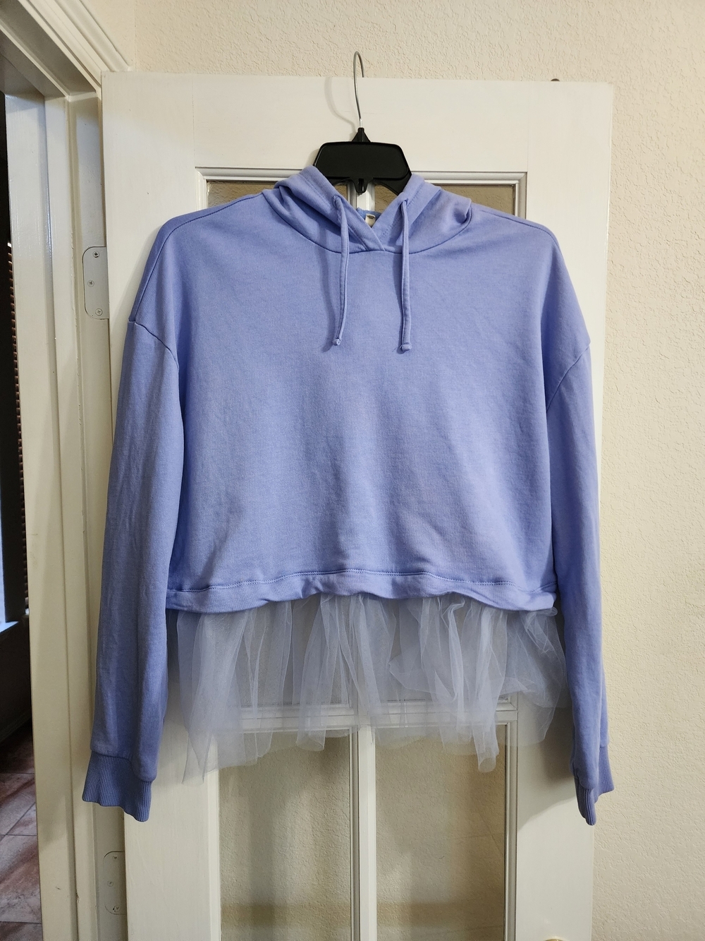 Pilcro Anthropologie Periwinkle Tulle Hem Cropped Hoodie XL Coquette Balletcore